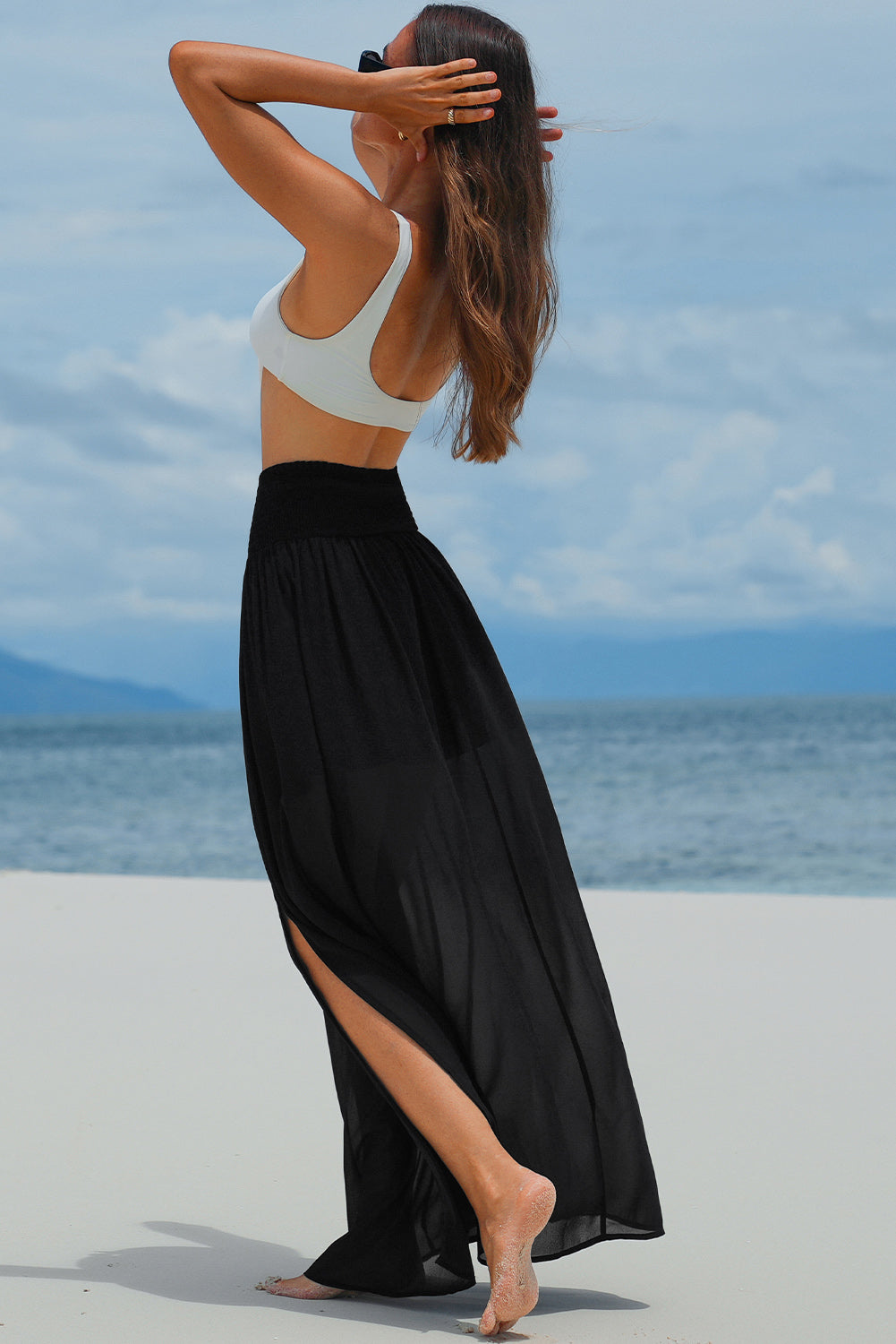 Honeybee Mumford's Black Shirred High Waist Chiffon Split Beach Maxi Skirt