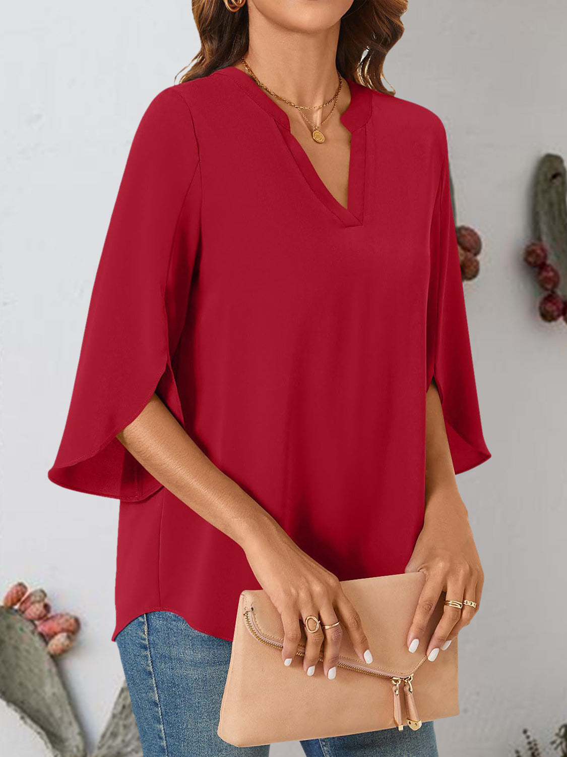 Honeybee Mumford's Notched Slit Half Sleeve Blouse