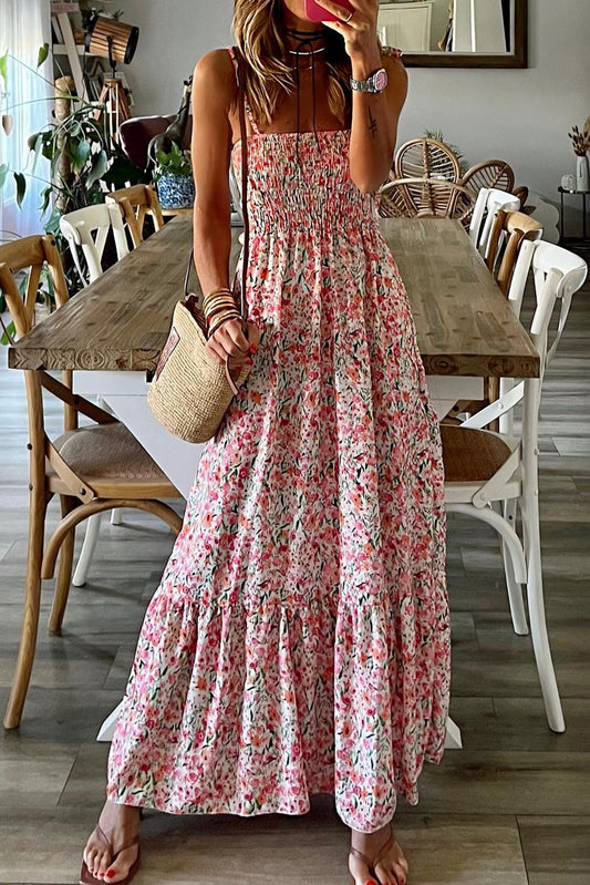 Honeybee Mumford's White Boho Floral Smocked Ruffled Maxi Dress