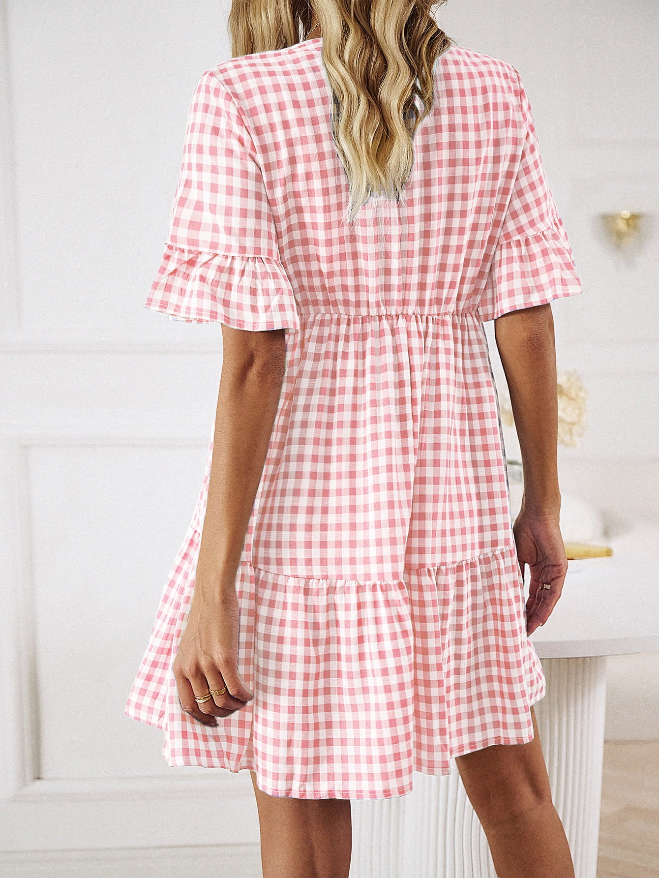 Honeybee Mumford's Plaid Flounce Sleeve Buttoned Mini/ short Dress