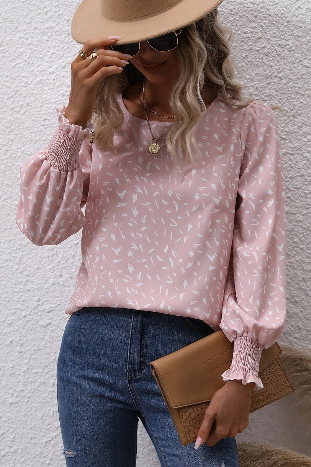 Honeybee Mumford's Printed Round Neck Lantern Sleeve Blouse