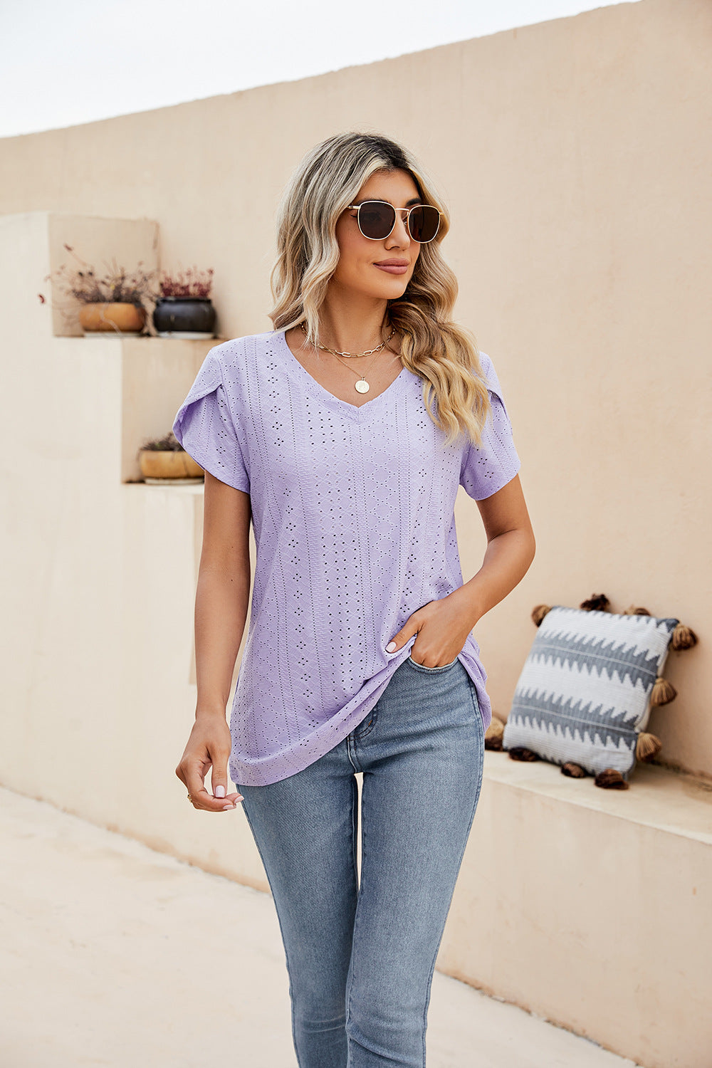 Honeybee Mumford's Eyelet Petal Sleeve V-Neck Knit Top