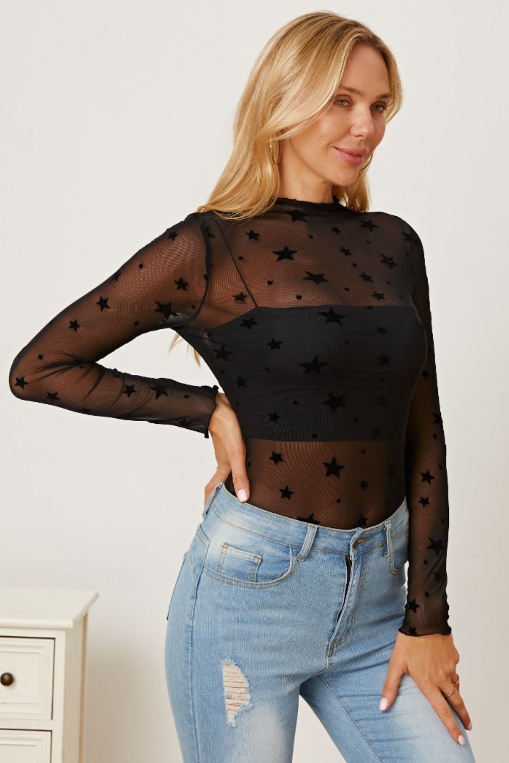 Honeybee Mumford's Star Pattern Mock Neck Long Sleeve Blouse