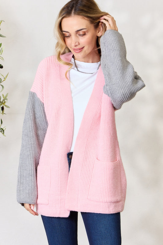 honeybee Mumford's Blush & Grey Contrast Open Front Cardigan with Pockets