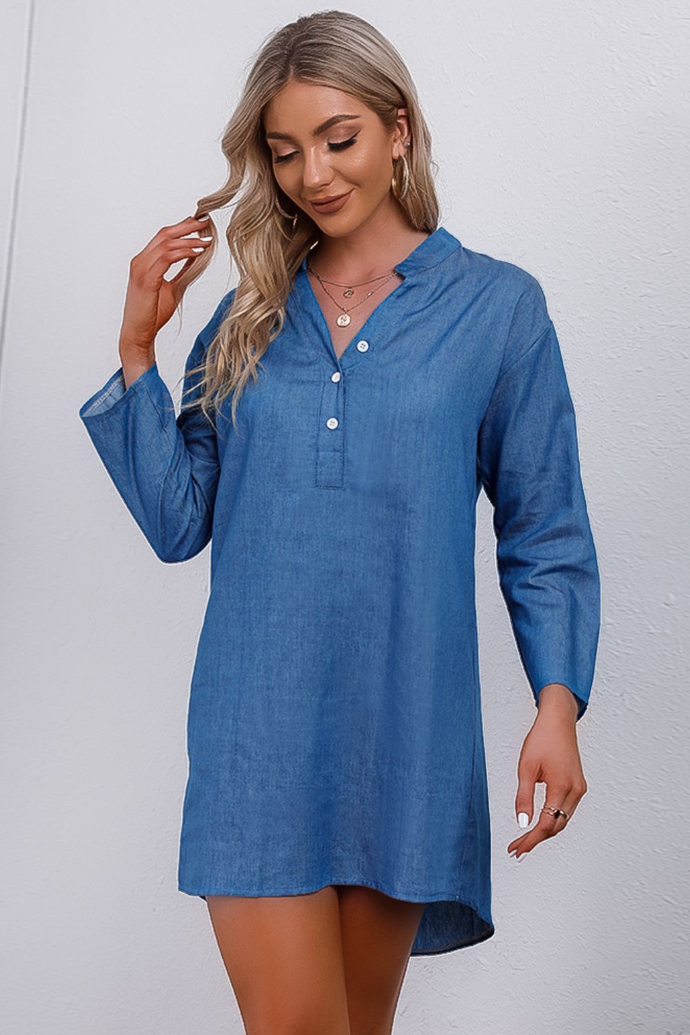 Honeybee Mumford's Half-Button Notched Neck High-Low Denim Dress