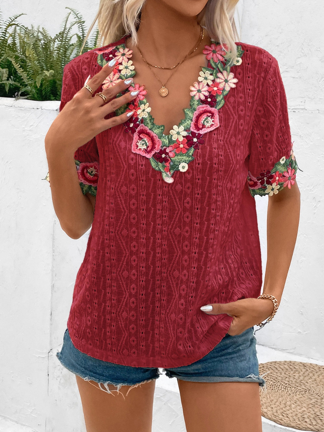 Honeybee Mumford's Eyelet Embroidered V-Neck Short Sleeve Blouse