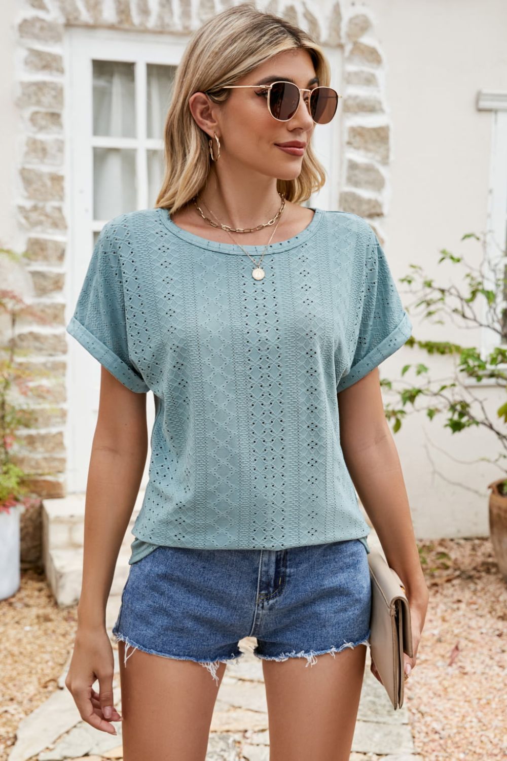 Honeybee Mumford's Full Size Round Neck Eyelet Short Sleeve Top