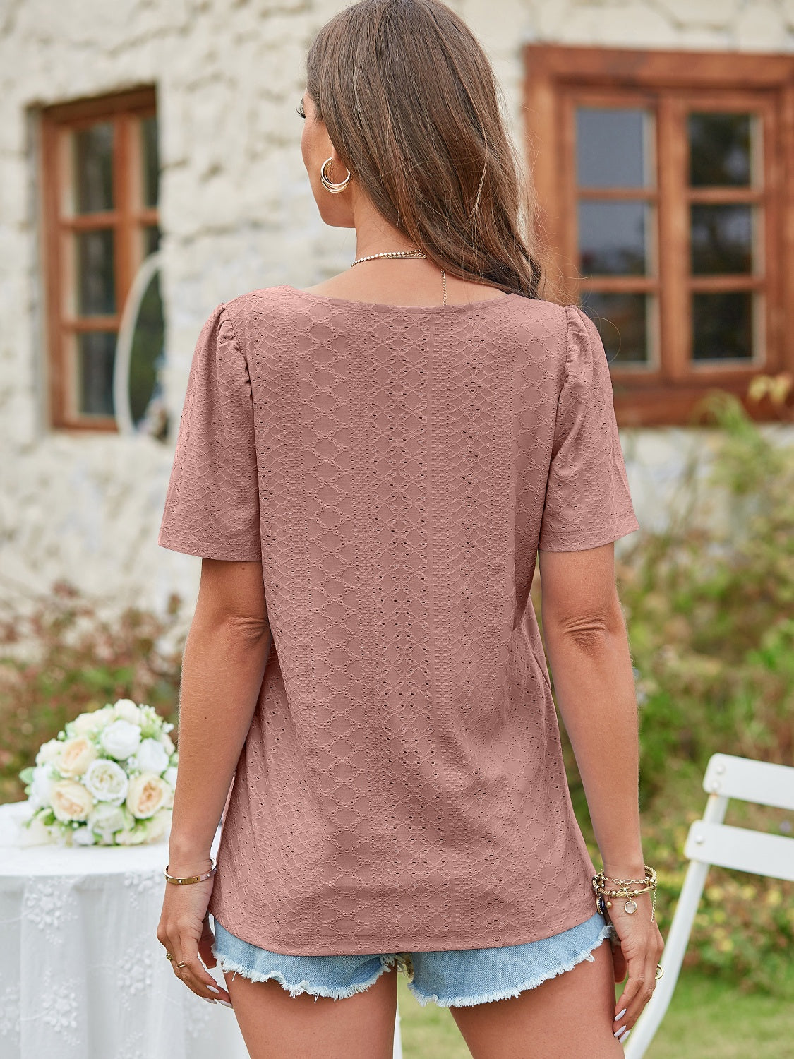 Honeybee Mumford's Eyelet Square Neck Short Sleeve Blouse