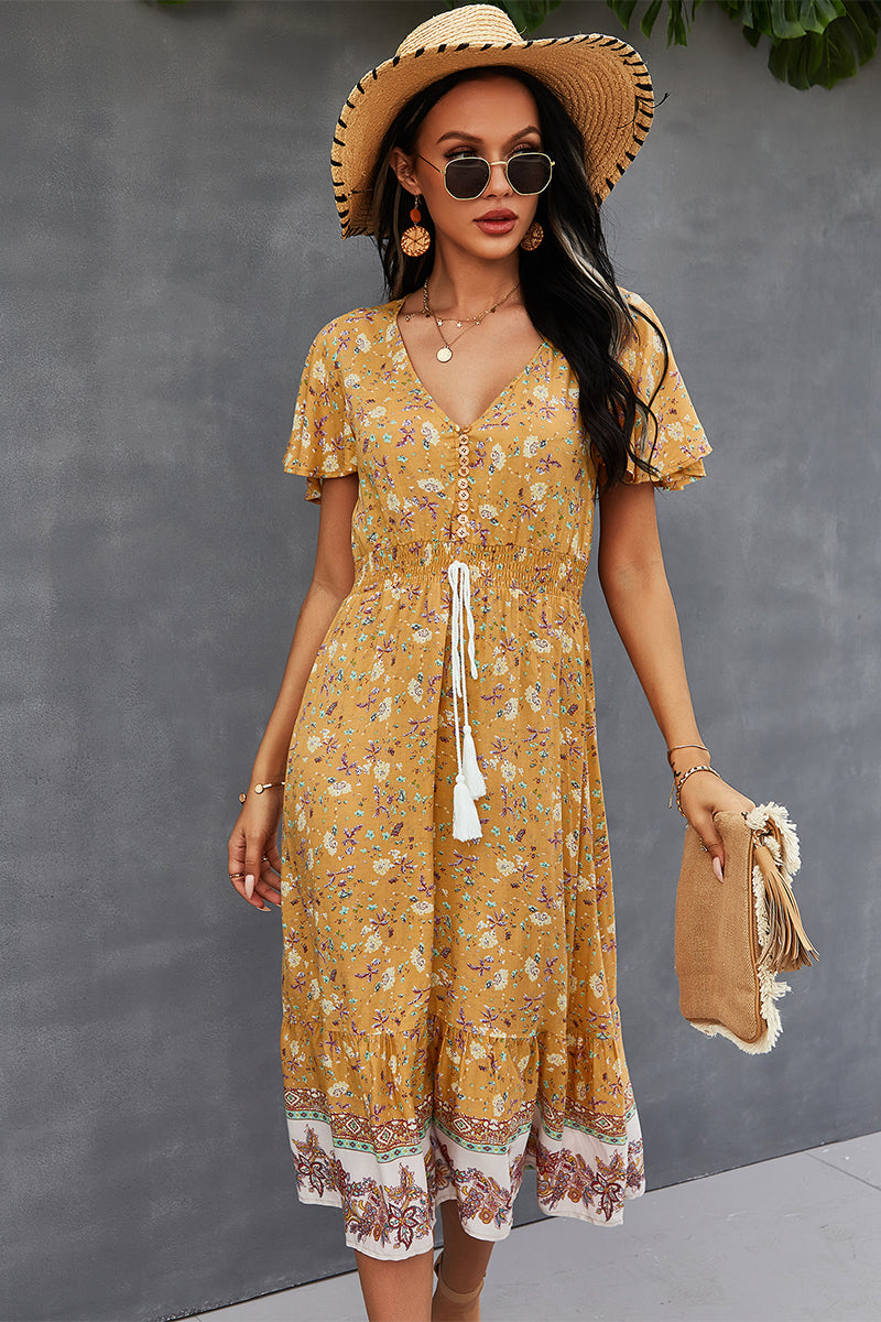 Honeybee Mumford's Casual Bohemian V-Neck Flutter Sleeve Dress