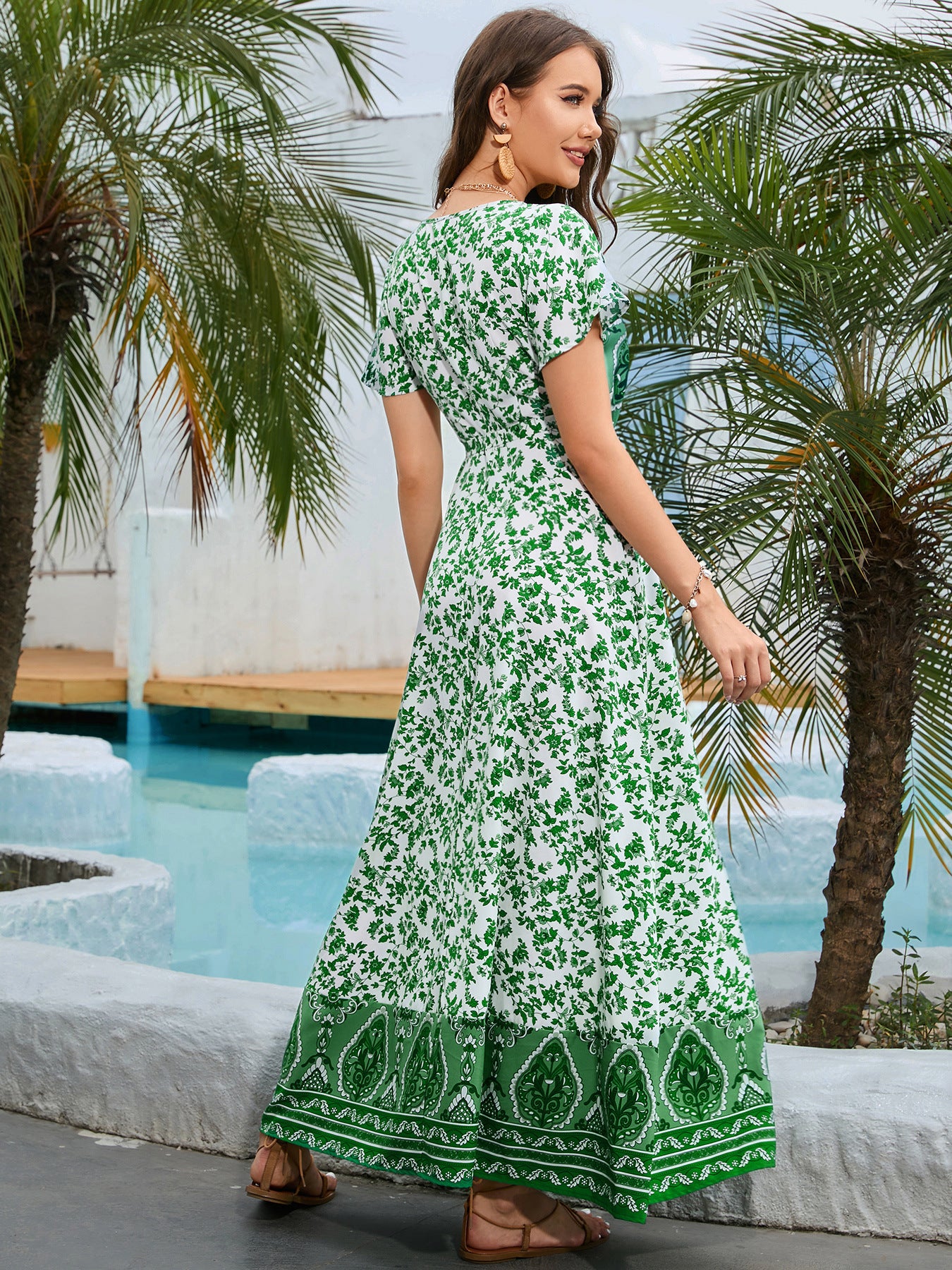 Honeybee Mumford's Green Bohemian Split Maxi Dress w/ Surplice Neck