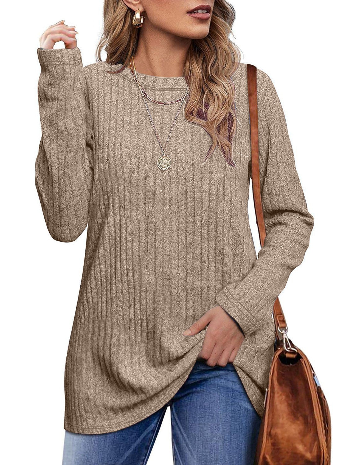 Honeybee Mumford's Ribbed Round Neck Long Sleeve Blouse