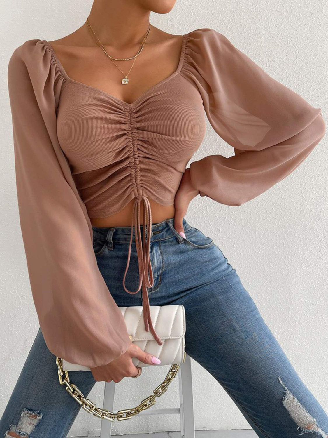 Honeybee Mumford's Drawstring Sweetheart Neck Cropped Top