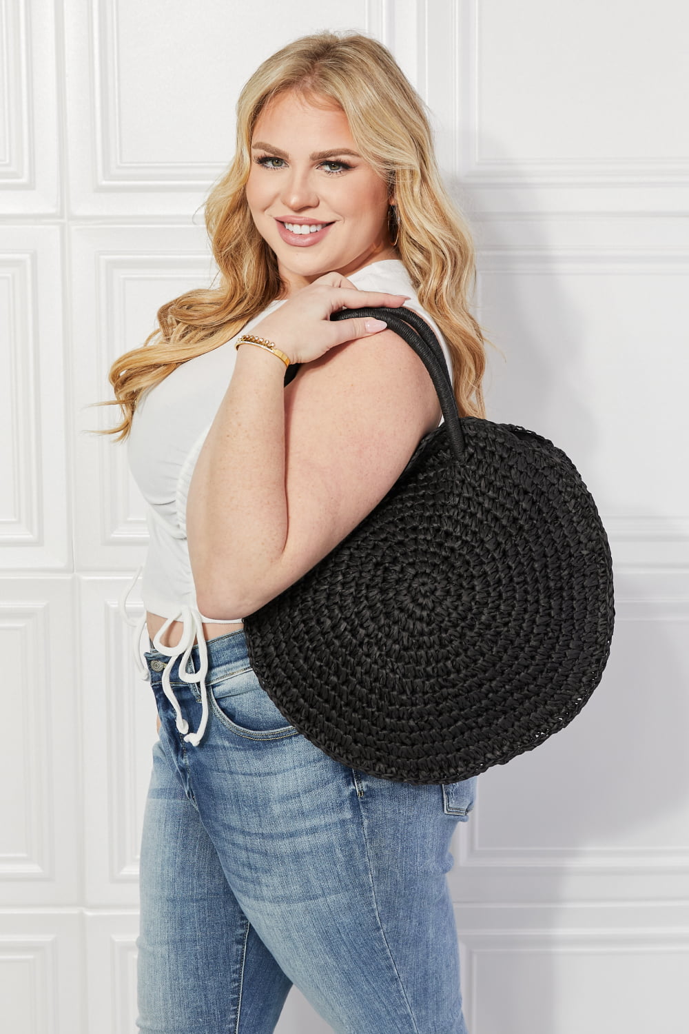 Honeybee Mumford's Beach Date Straw Rattan Handbag in Black