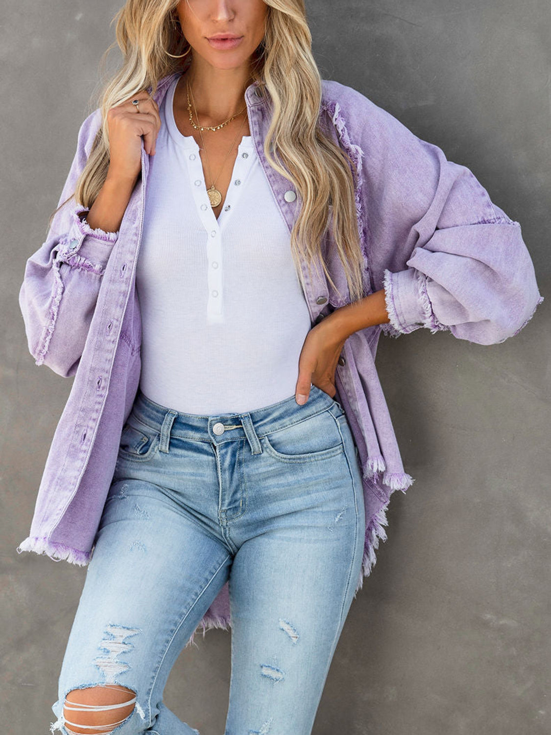 Honeybee Mumford's Button-Down Denim Jacket w/ Raw Hem in Pink and Lavender