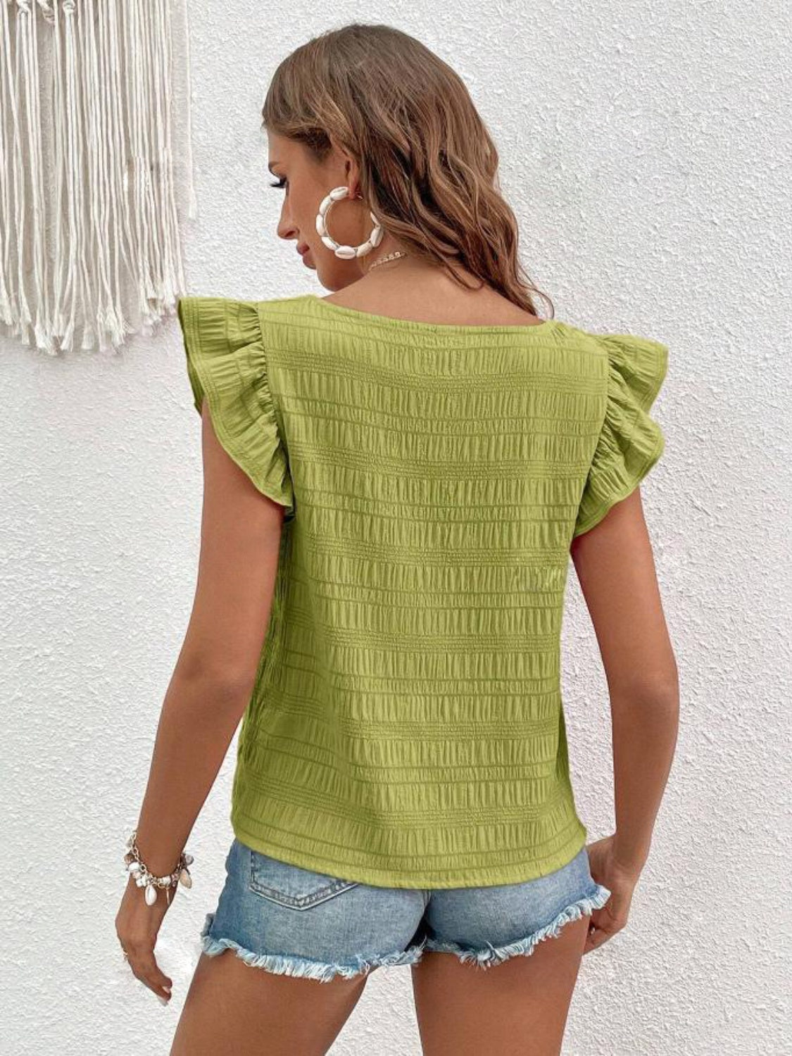 Honeybee Mumford's Ruffled Square Neck Cap Sleeve Blouse