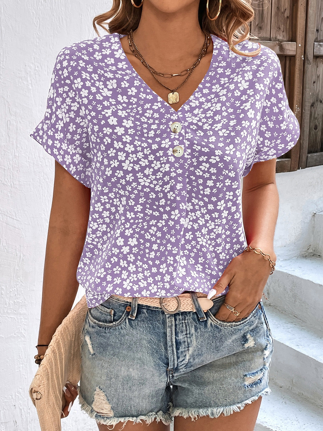 Honeybee Mumford's Printed V-Neck Short Sleeve Blouse