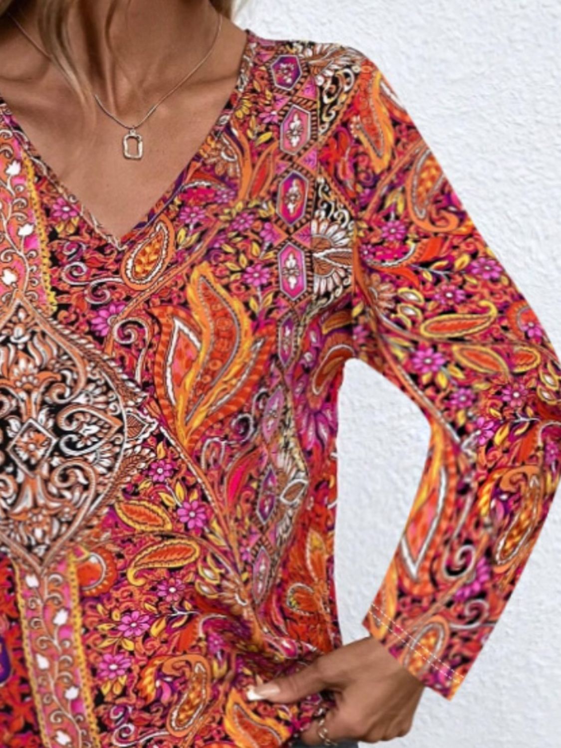 Honeybee Mumford's Printed V-Neck Long Sleeve Blouse