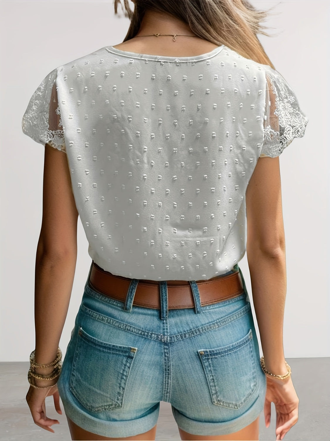 Honeybee Mumford's Swiss Dot Lace Detail V-Neck Cap Sleeve Blouse