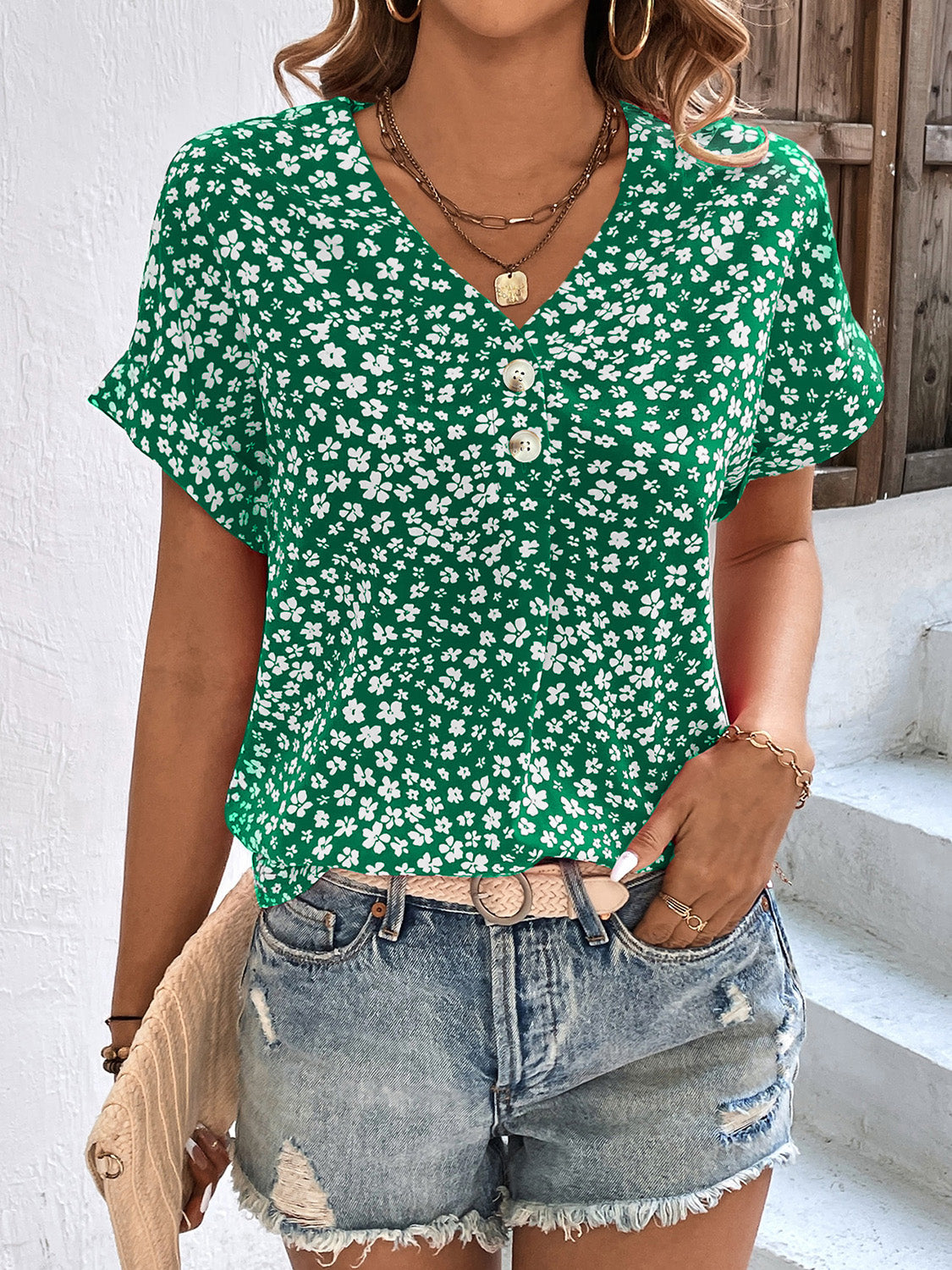 Honeybee Mumford's Printed V-Neck Short Sleeve Blouse