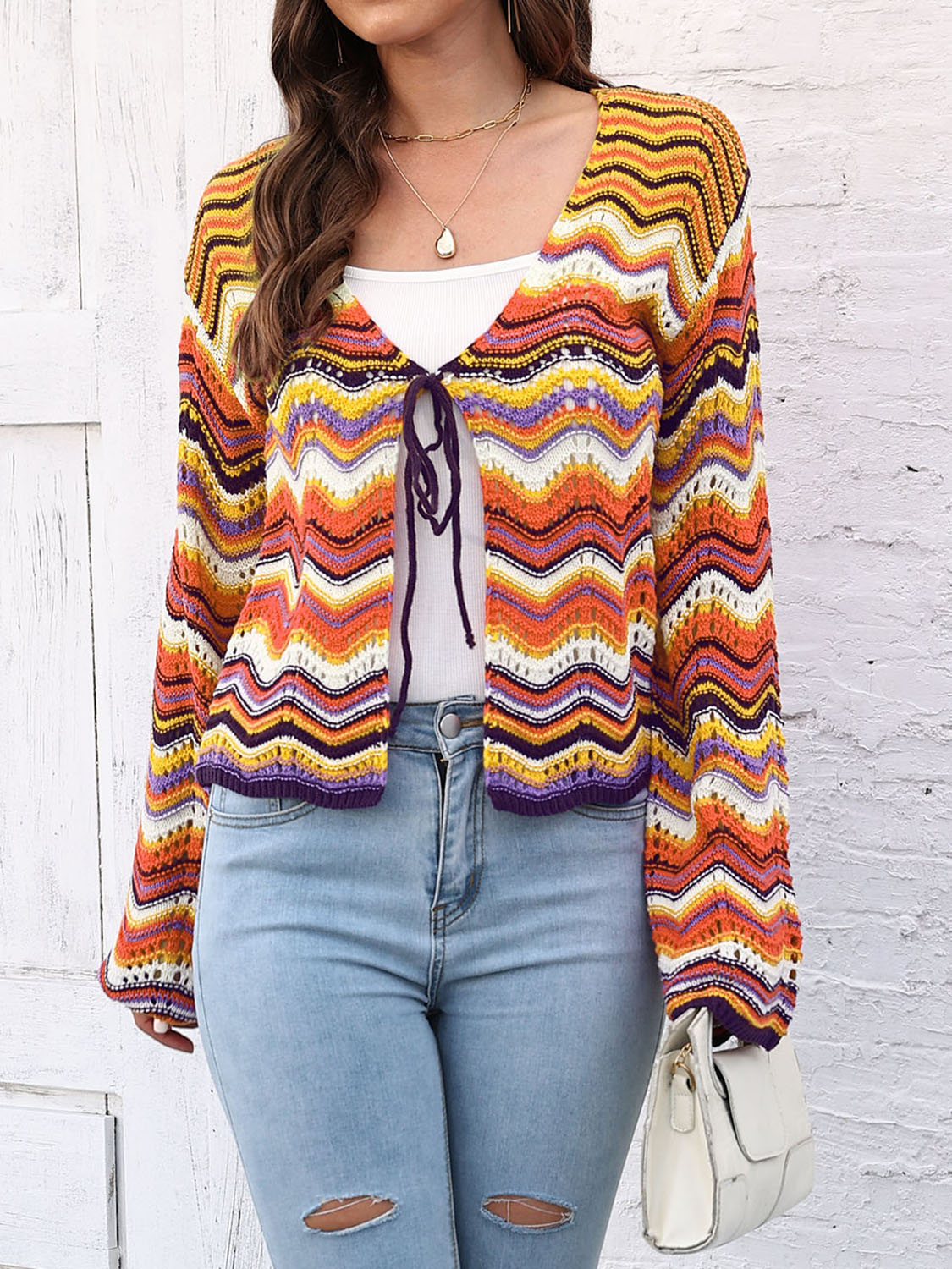 Honeybee Mumford's Striped Openwork Tied Cardigan