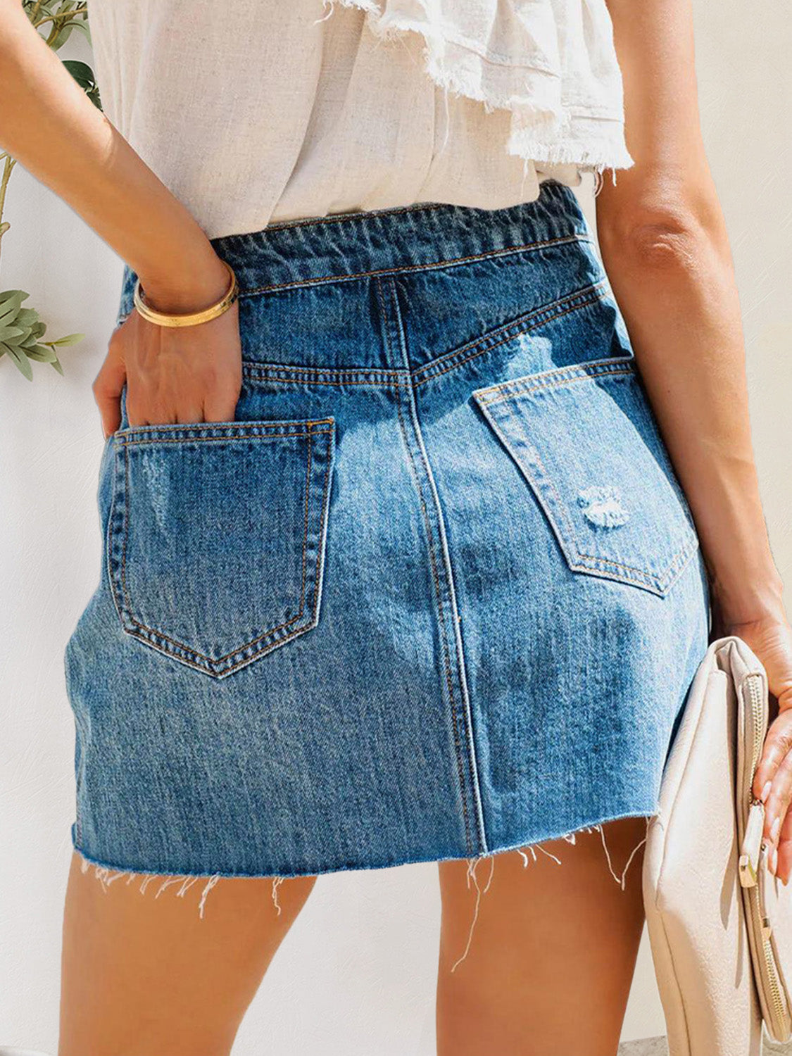 Honeybee Mumford's Button-Fly Distressed Raw Hem Denim Skirt