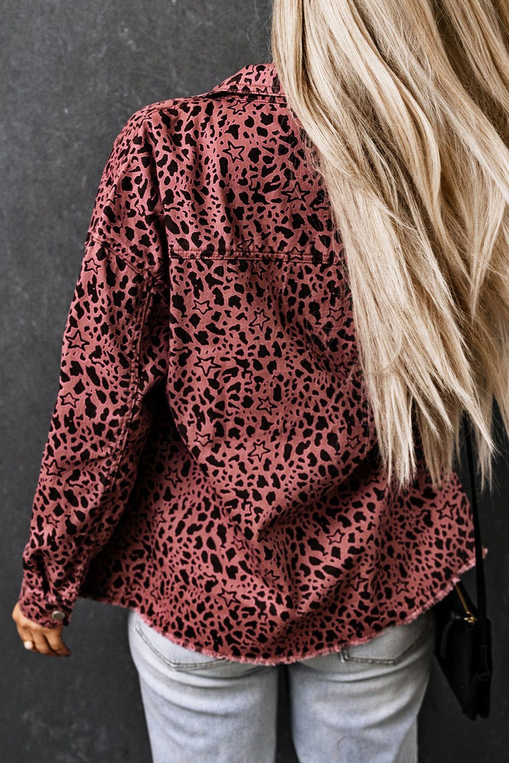 Honeybee Mumford's Leopard Raw Hem Button Up Denim Jacket