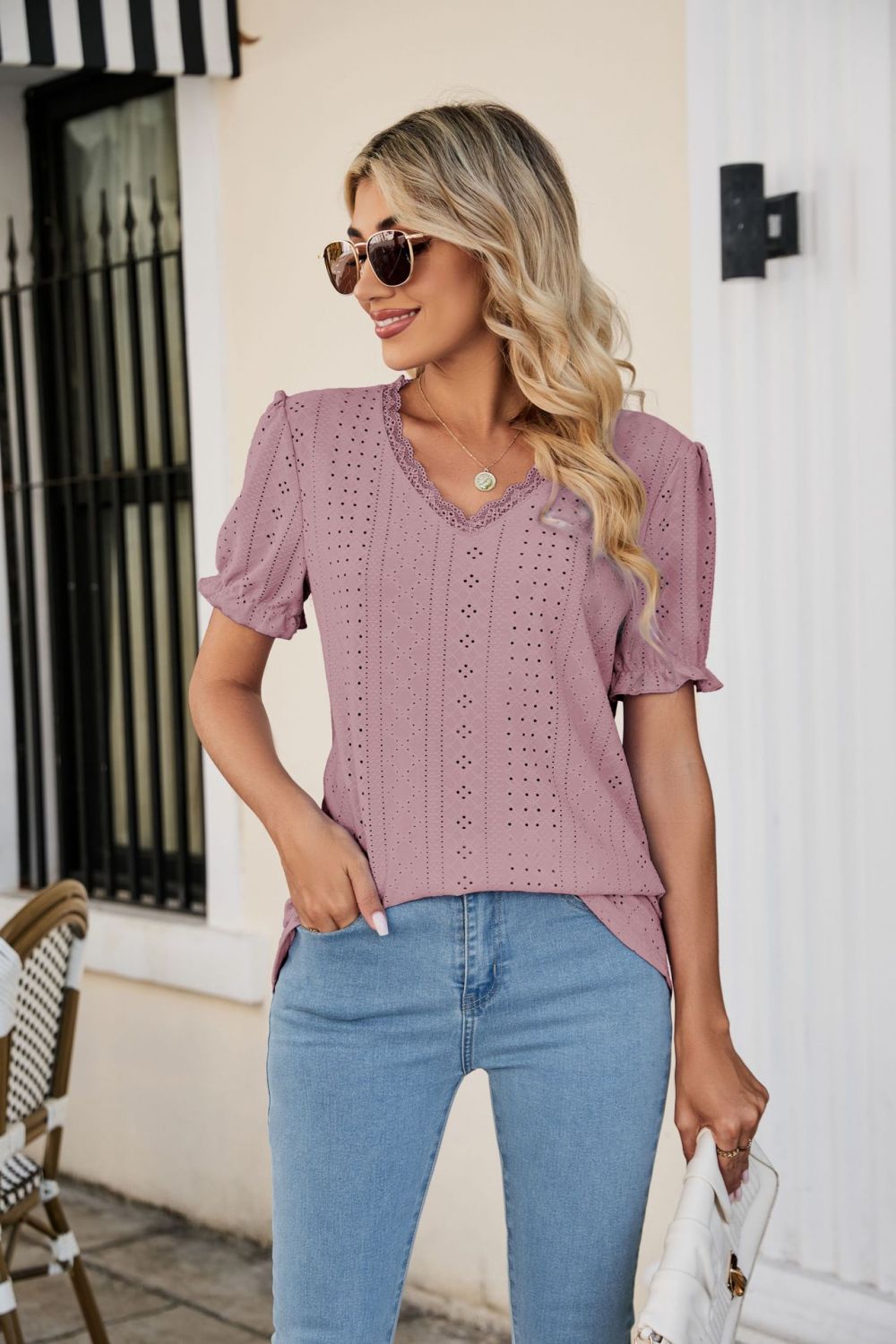 Honeybee Mumford's Eyelet Flounce Sleeve Scalloped V-Neck Top