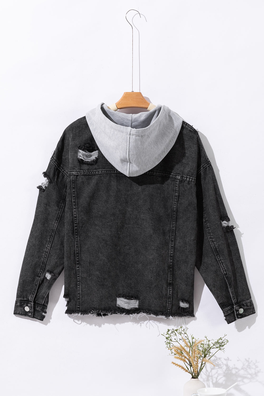 Honeybee Mumford's Black Drawstring Hooded Frayed Denim Jacket