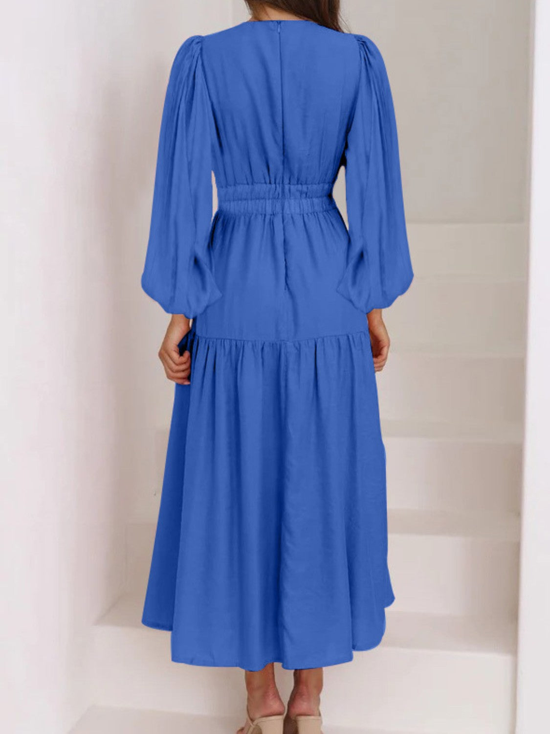 Honeybee Mumford's Deep V-Neck Balloon Sleeve Plain Maxi Dress