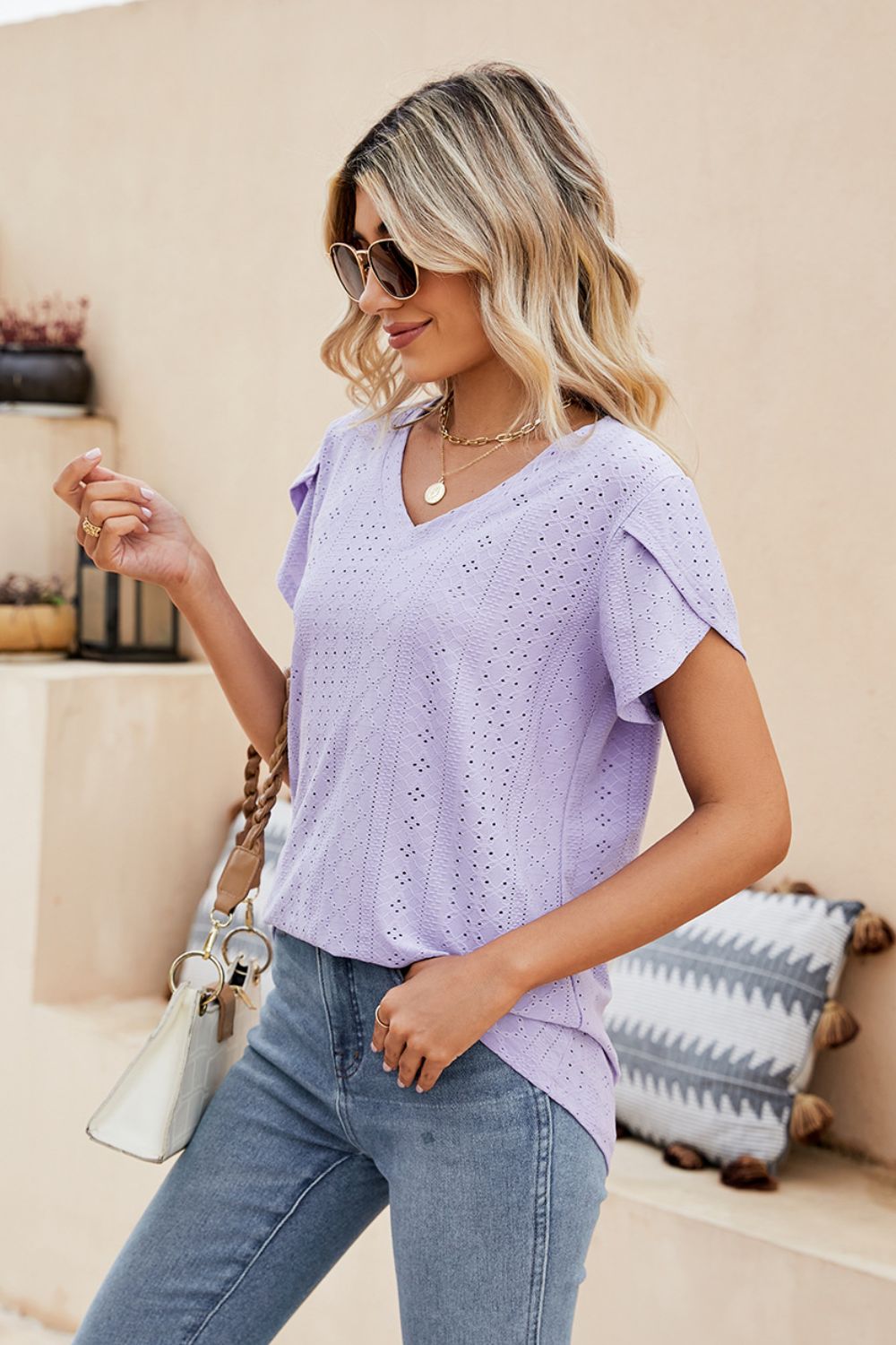 Honeybee Mumford's Eyelet Petal Sleeve V-Neck Knit Top