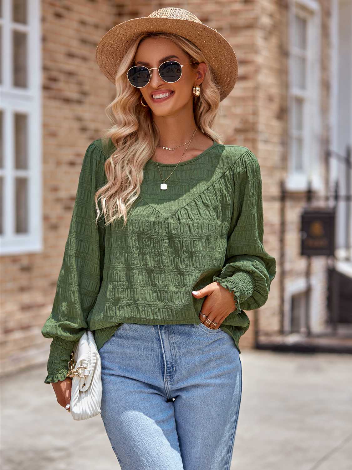 Honeybee Mumford's Round Neck Lantern Sleeve Blouse