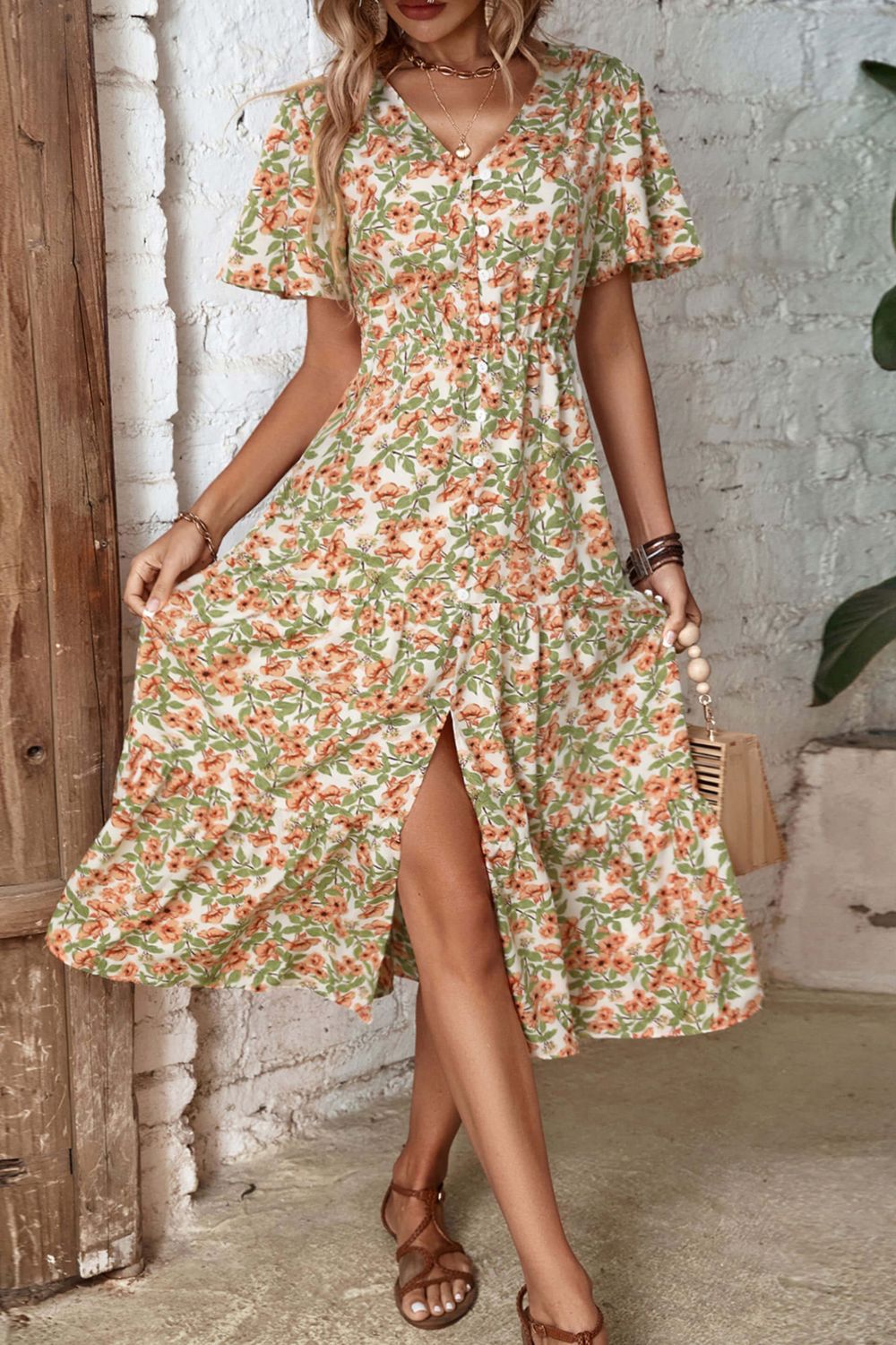 Honeybee Mumford's Floral V-Neck Front Slit Dress