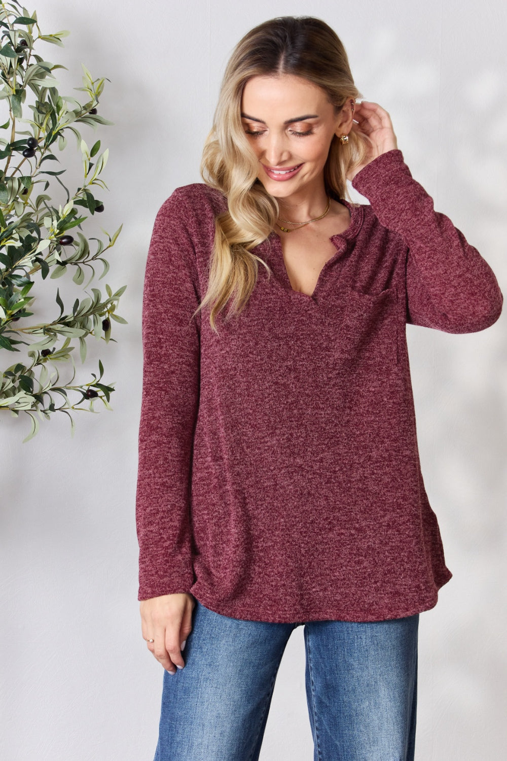 Honeybee Mumford's Heimish Full Size Notched Long Sleeve Top