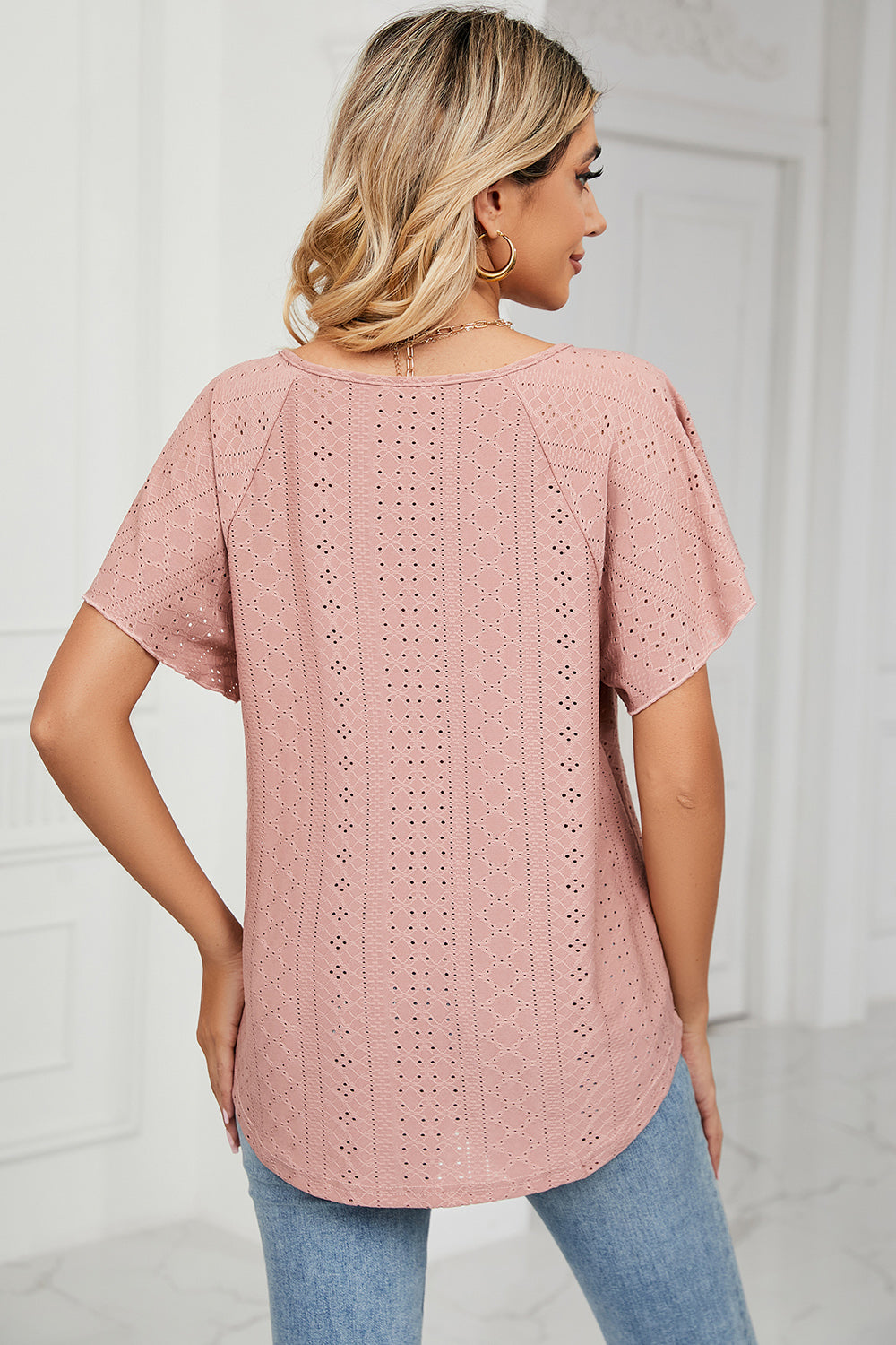 Honeybee Mumford's Eyelet Tie Neck Flutter Sleeve Blouse