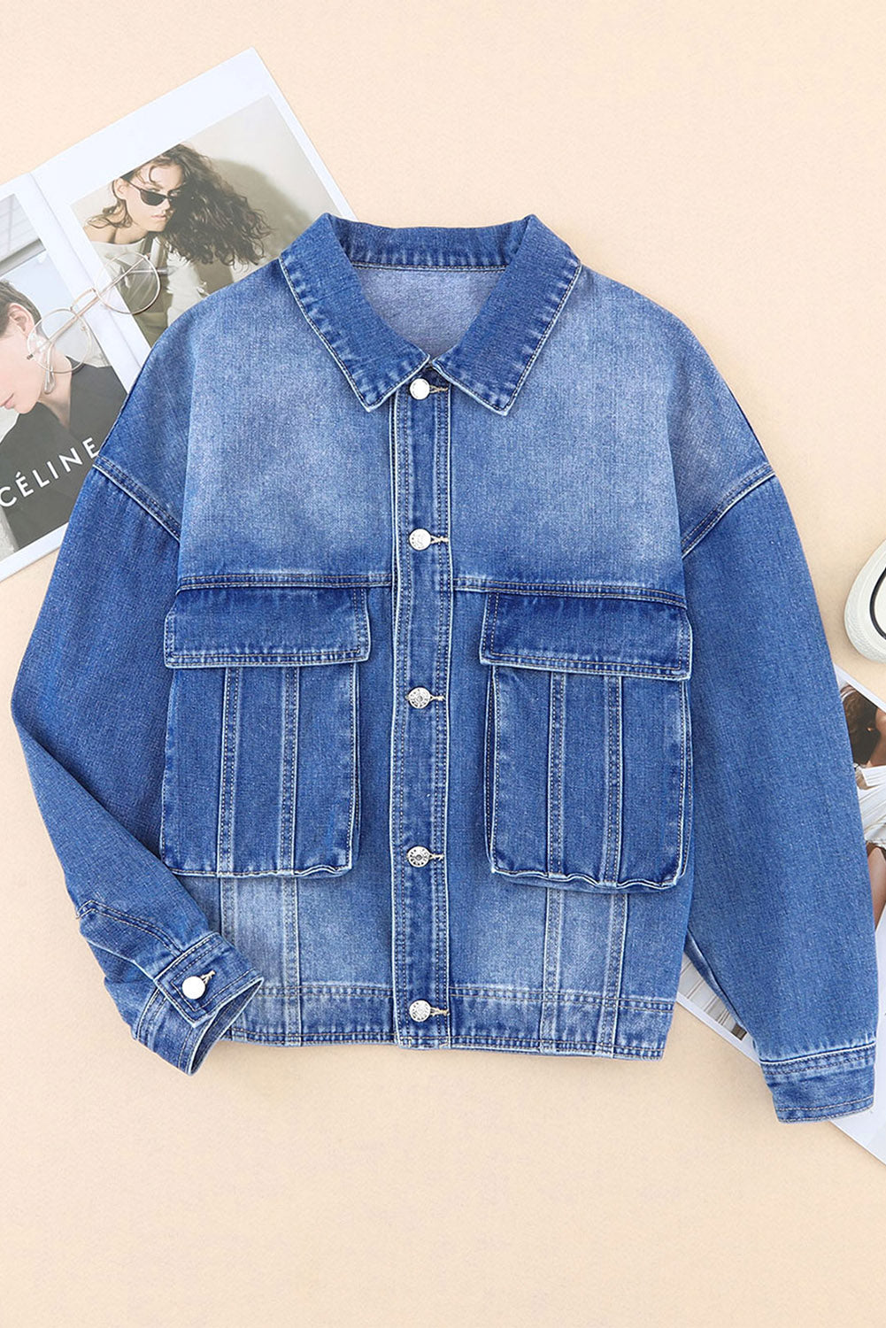 Honeybee Mumford's Blue Chest Pockets Drop Shoulder Loose Denim Jacket