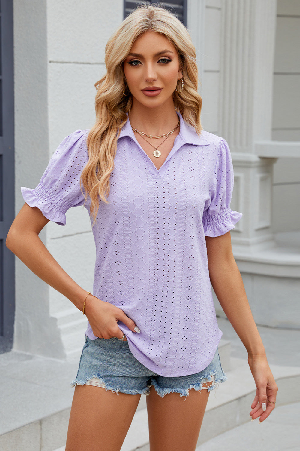 Honeybee Mumford's Eyelet Johnny Collar Short Sleeve Blouse