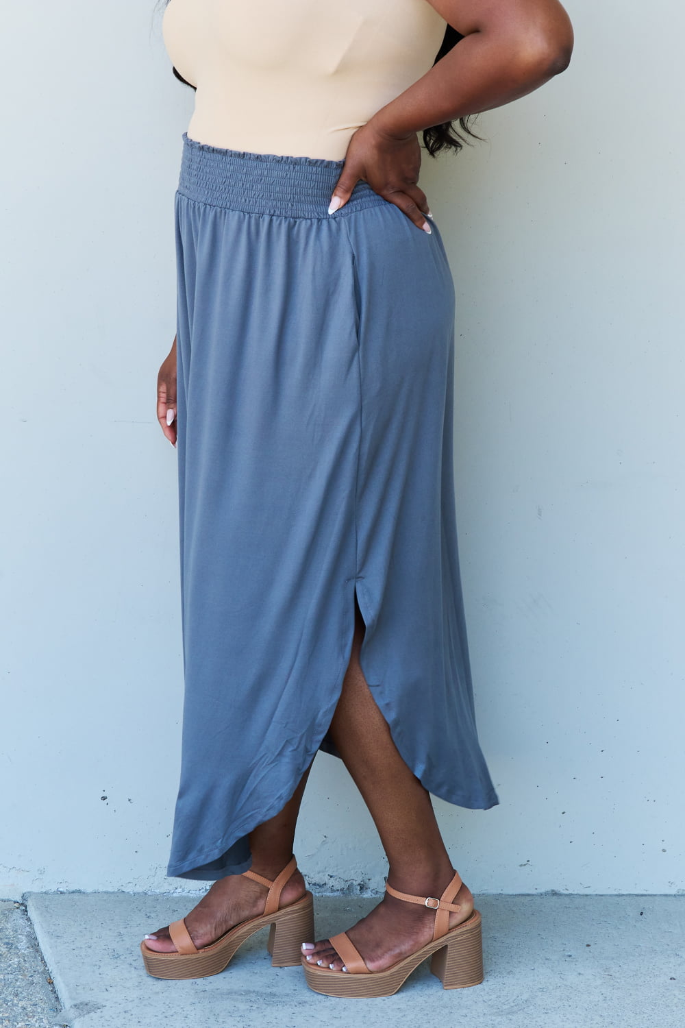 Honeybee Mumford's Full Size High Waist Scoop Hem Maxi Skirt in Dusty Blue