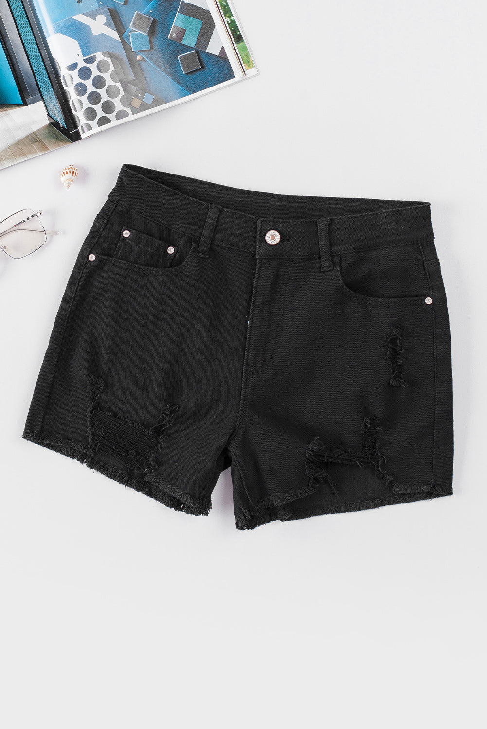 Honeybee Mumford's Black Solid Color Distressed Denim Shorts