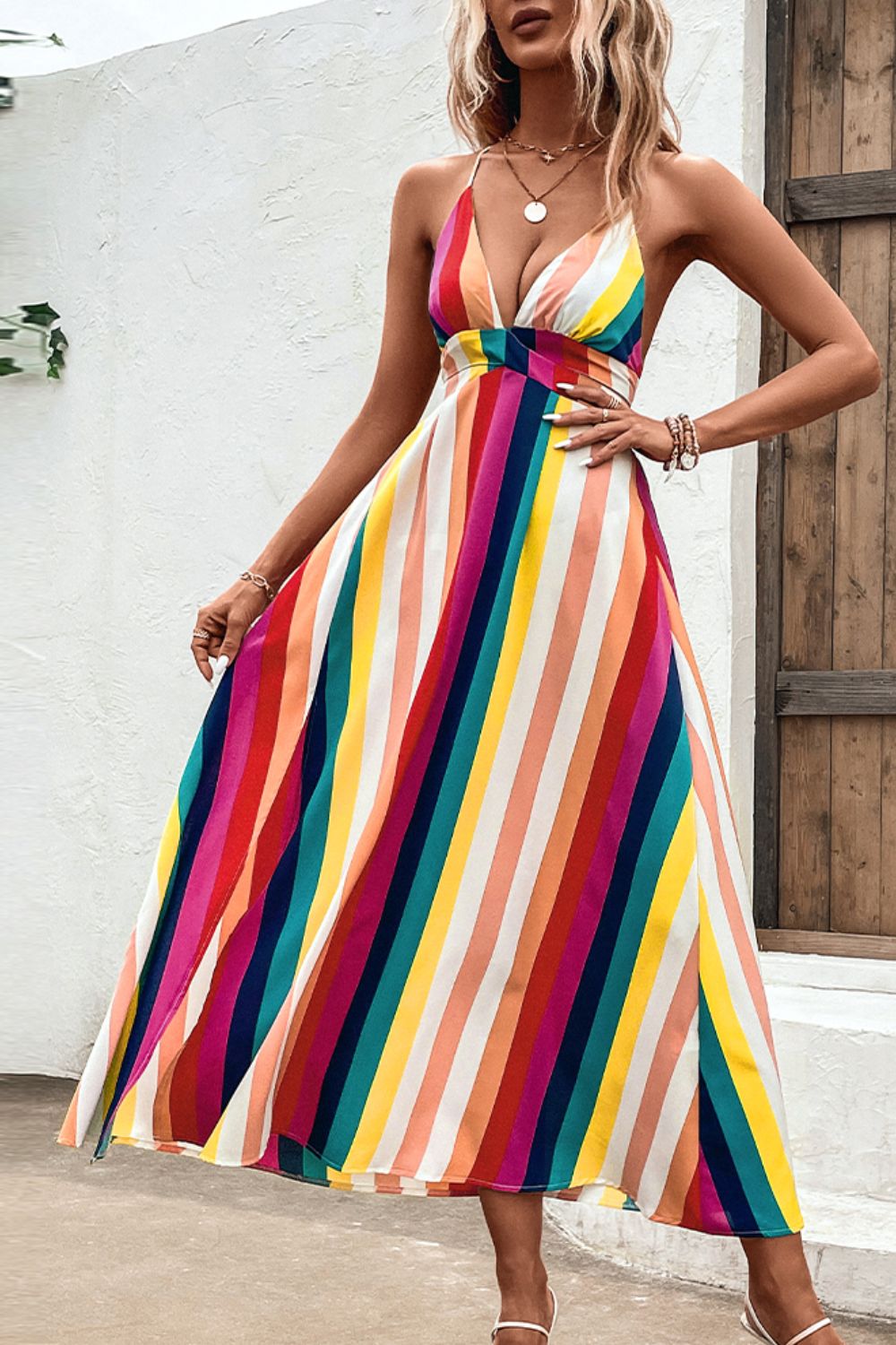 Honeybee Mumford's Multicolored Stripe Crisscross Backless Dress