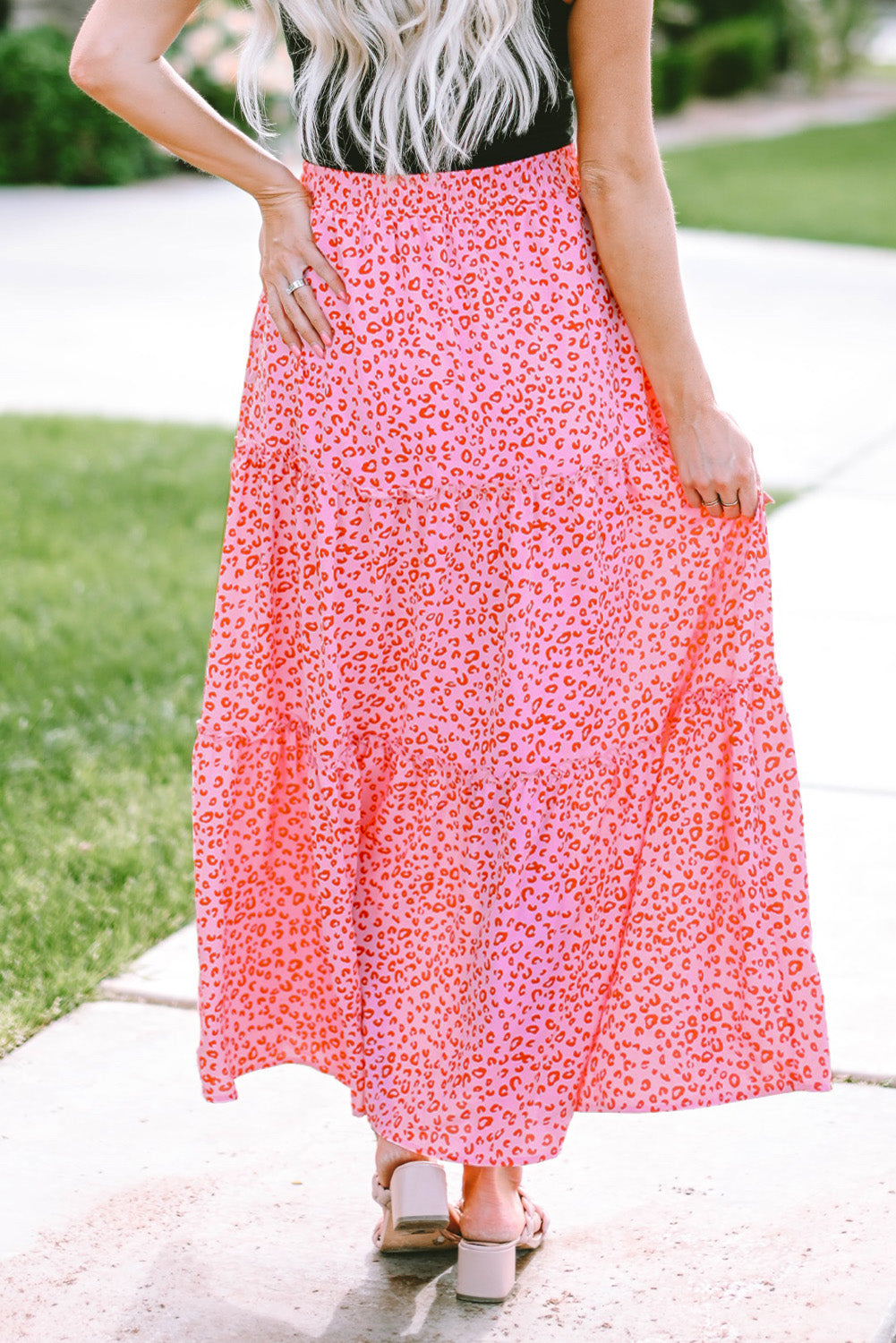 Honeybee Mumford's Pink Leopard Print Frilled Drawstring High Waist Maxi Skirt