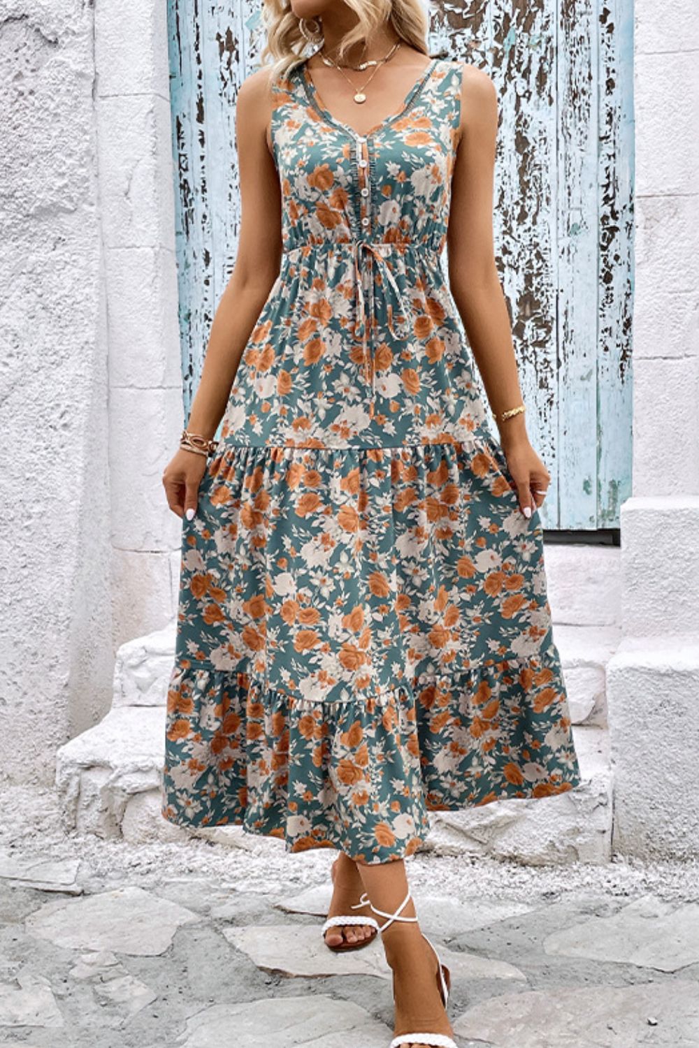 Honeybee Mumford's Floral V-Neck Tiered Sleeveless Dress