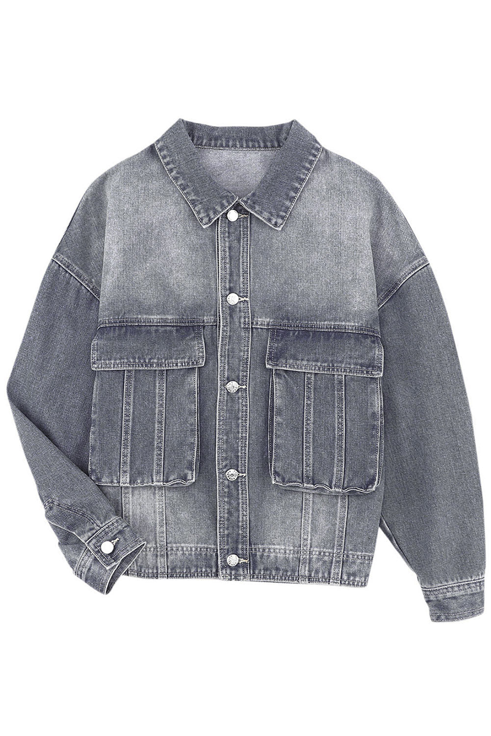 Honeybee Mumford's Gray Chest Pockets Drop Shoulder Loose Denim Jacket