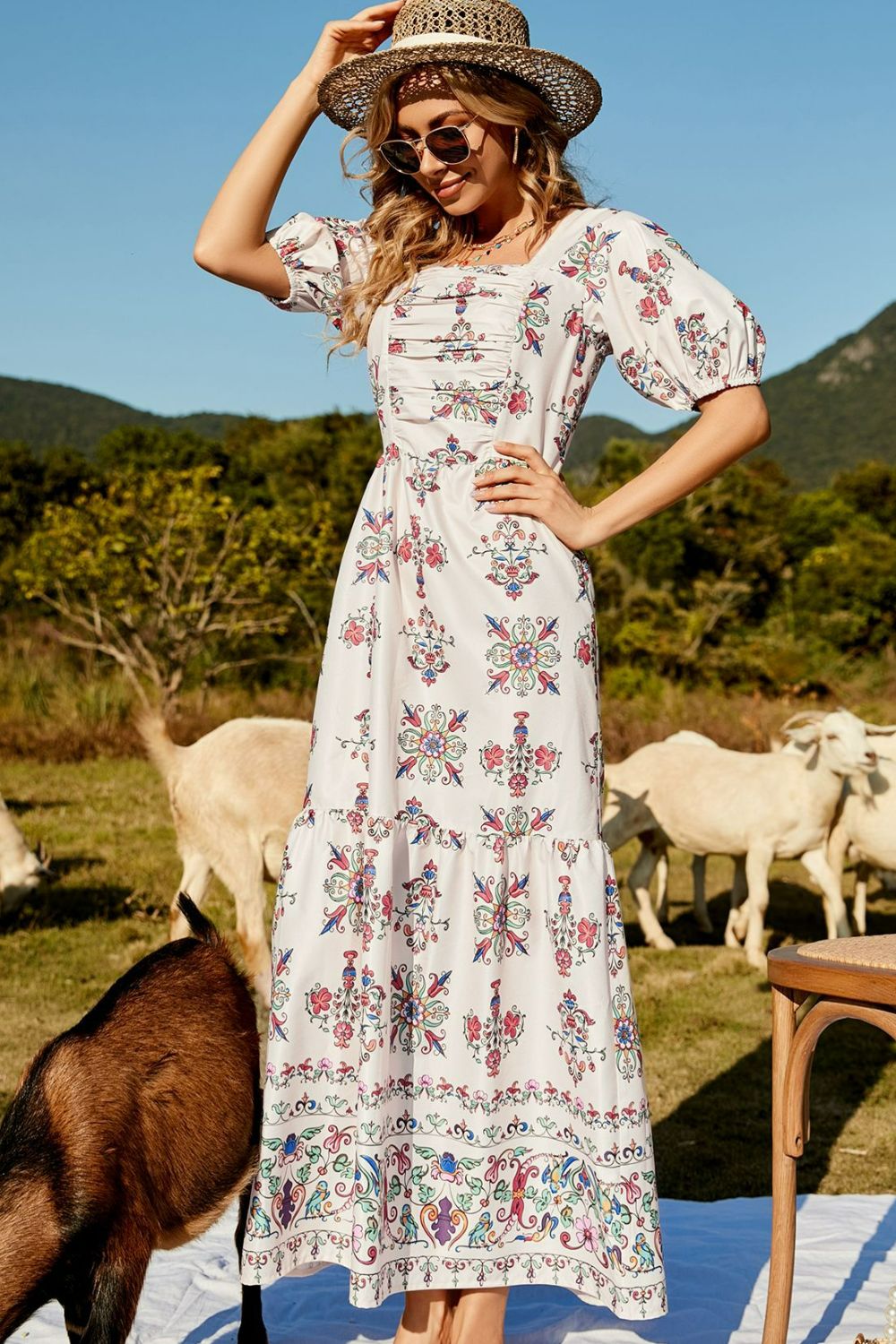 Honeybee Mumford's Casual Floral Ruched Puff Sleeve Tiered Maxi Dress