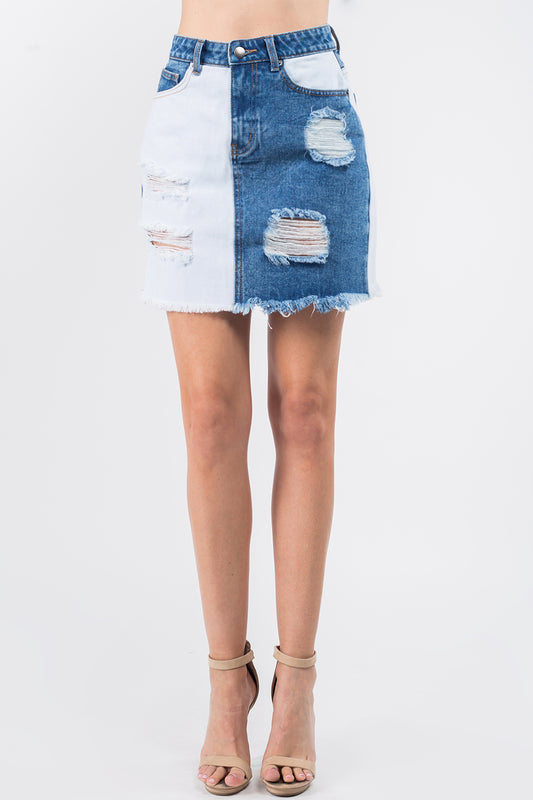 Honeybee Mumford's Contrast blue & white Patched Frayed Denim Distressed Skirts