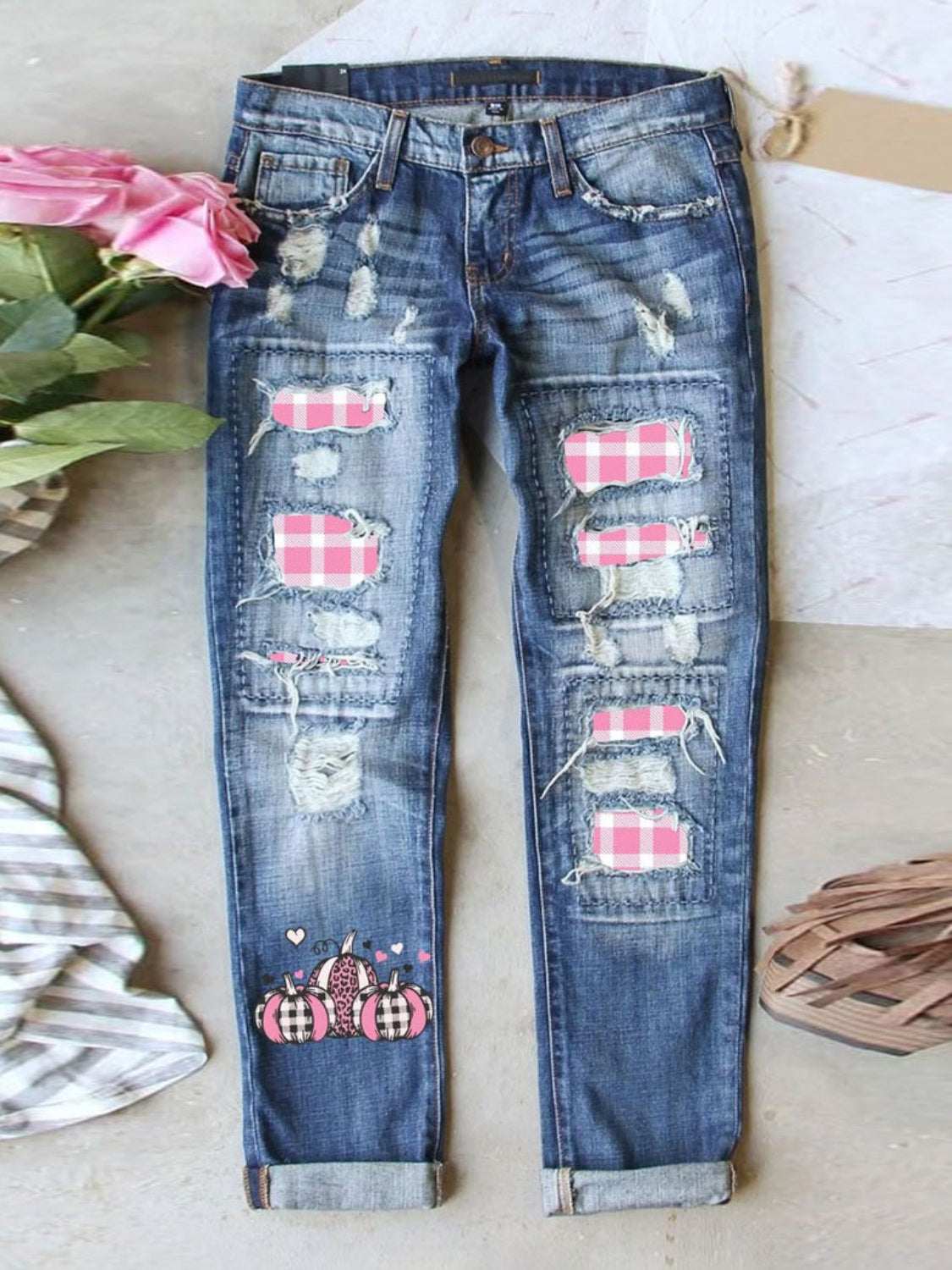 Honeybee Mumford's Distressed Printed Straight Jeans