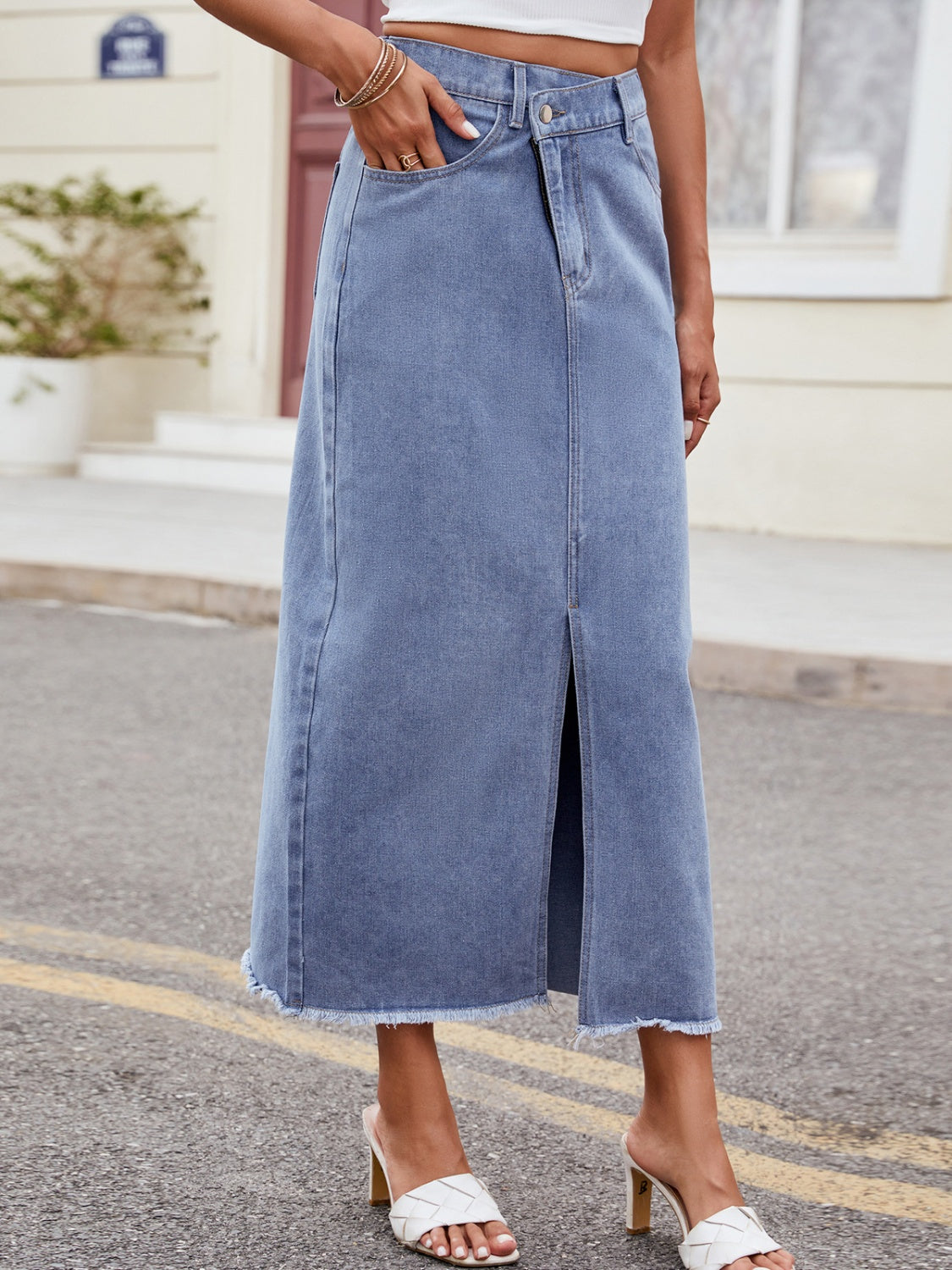 Honeybee Mumford's Slit Asymmetrical Waist Denim Skirt