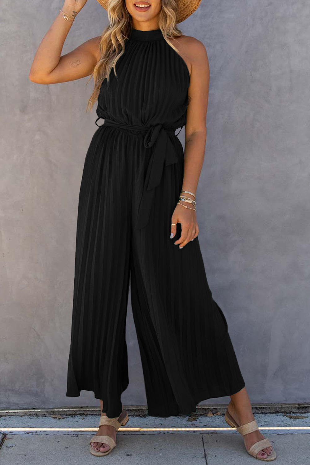 honeybee Mumford's Black Halter Neck Pleated Wide Leg Jumpsuit with Belt