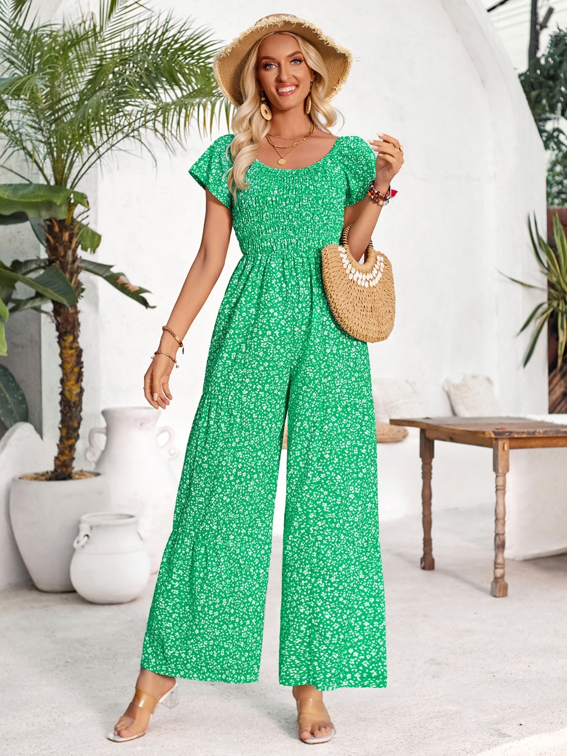 Honeybee Mumford's Smocked Printed Short Sleeve Jumpsuit