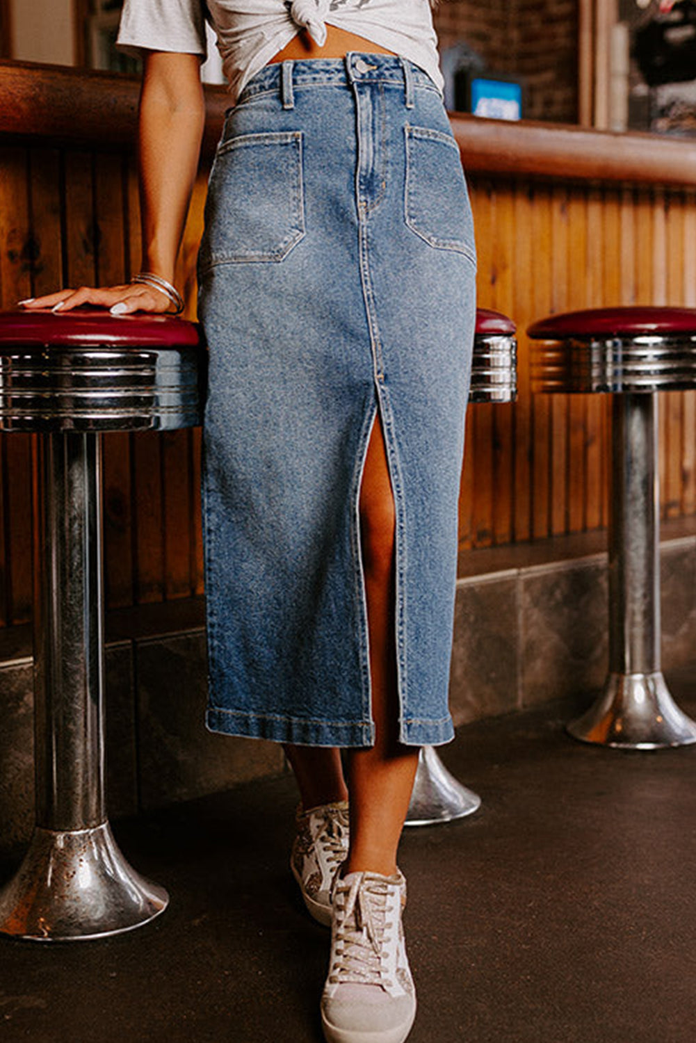 Honeybee Mumford's Sky Blue 4 Patch Pockets Front Slit Midi Denim Skirt