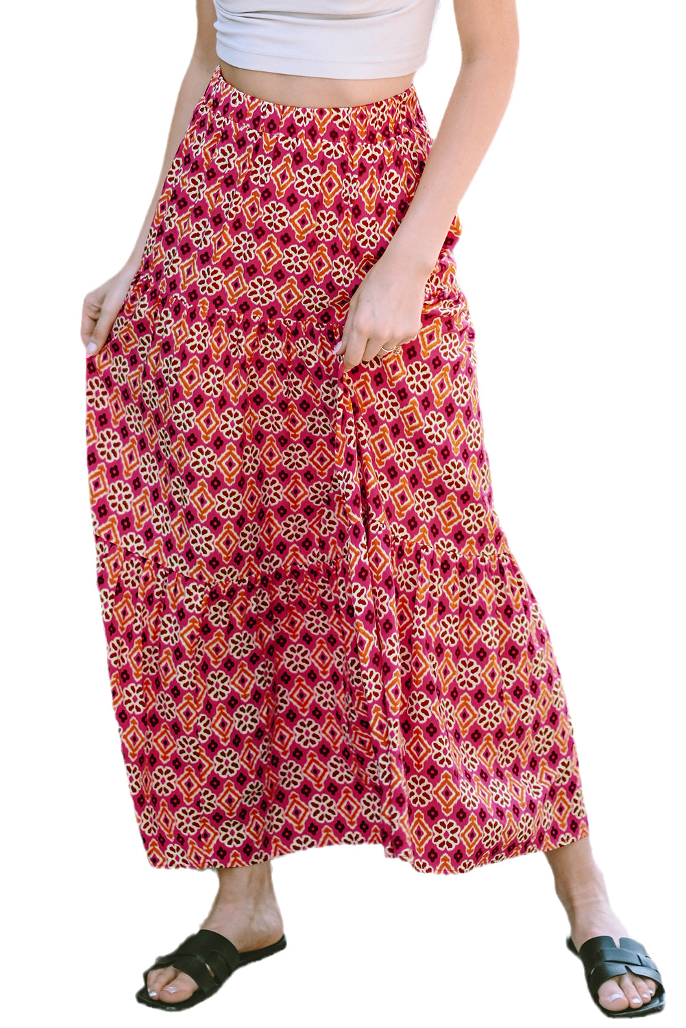 Honeybee Mumford's Rose Vintage Boho Floral Print Tiered Maxi Skirt